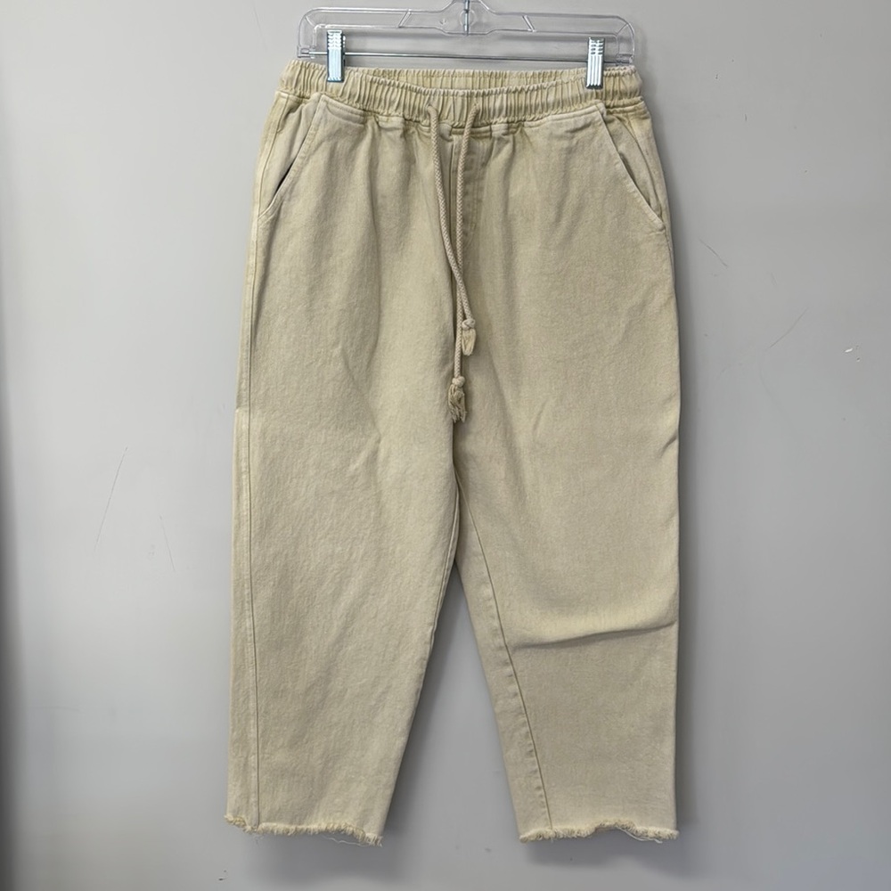 Easel Tan Ankle Pants Relaxed Fit Khaki Denim Size Medium Oversized Raw Hem Boho